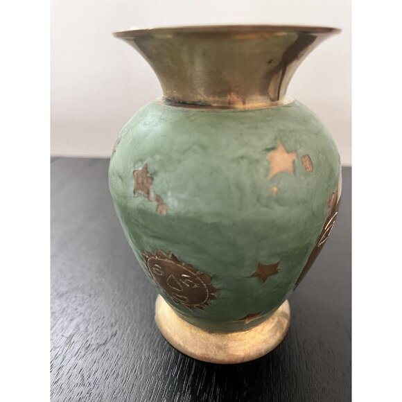 Solid Brass & Green Enamel Vase Celestial Sun Moon Stars Made in India 4-3/4" - Picture 9 of 14